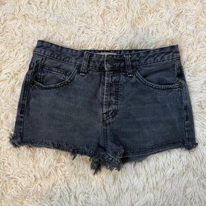 Free People Denim Shorts mid rise washed black SZ 25 button fly raw hem